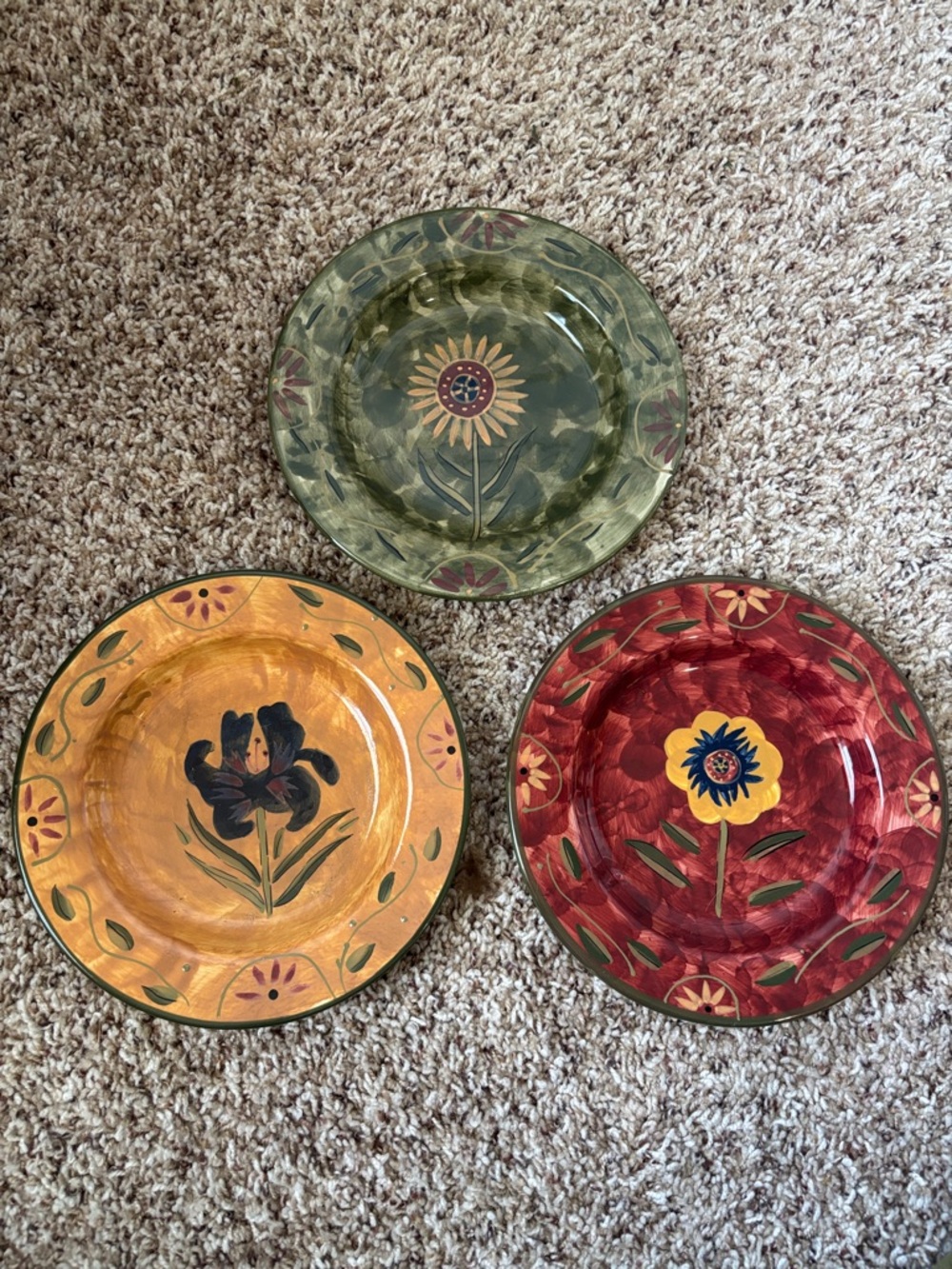 Certified International Hand-Painted Floral Accent Plates in Green, Yellow, Red